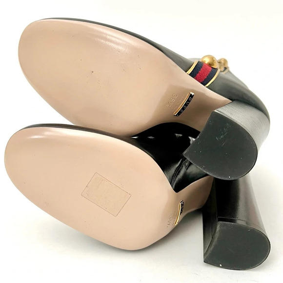 GUCCI | Web Stripe Carly Black Leather Studded Ankle Boots Block Heel US 6.5 - Picture 12 of 16